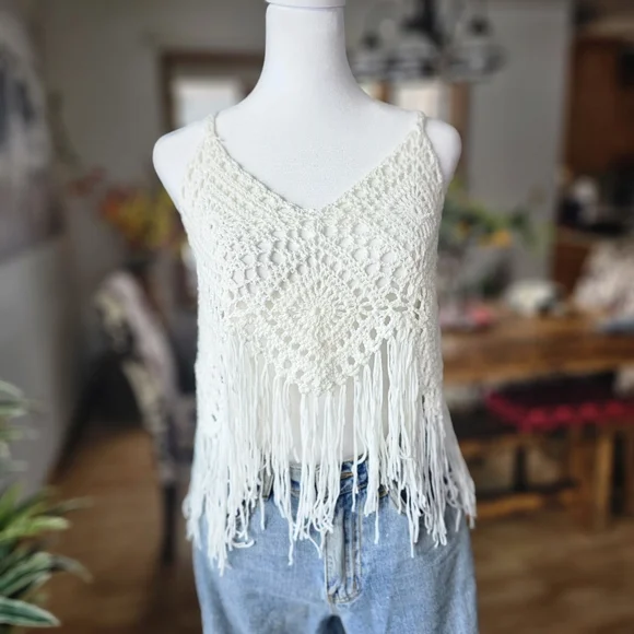 White Festival Boho Open Crochet Sleeveless Tie Back Top Size S - Picture 3 of 7